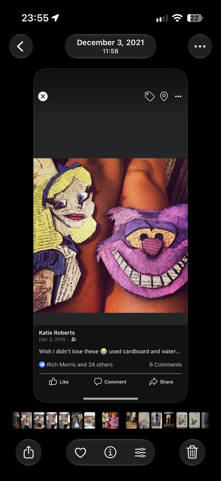 Older cardboard collages of Alice and the Cheshire Cat, covered in cut-out photocopied book text, including a small text tattoo on Alice’s arm
