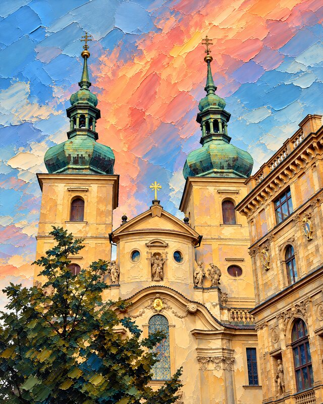 Oil-painting-style interpretation of Katie’s Prague photograph