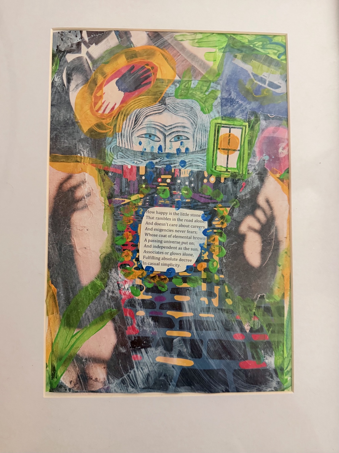 Mixed-media collage of magazine faces, vivid green and orange paint, and an Emily Dickinson poem at the center