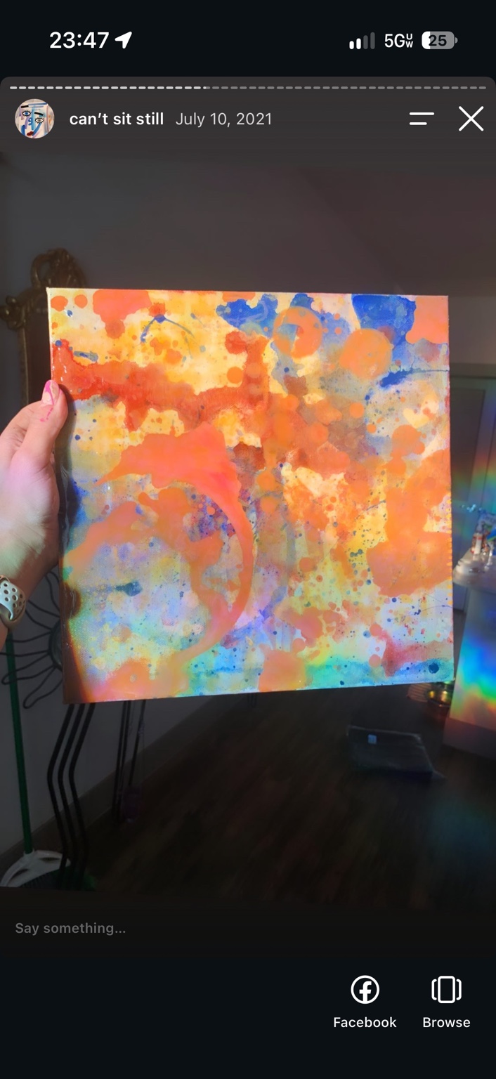 Square abstract painting filled with bright orange, pink, yellow, blue, and aqua splashes and loose overlapping shapes