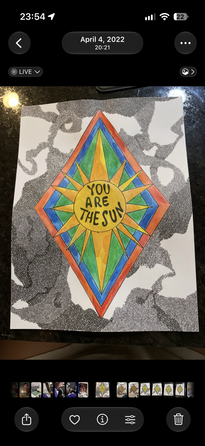 Colorful geometric sun drawing with the message You are the sun, surrounded by densely drawn black-and-white patterns